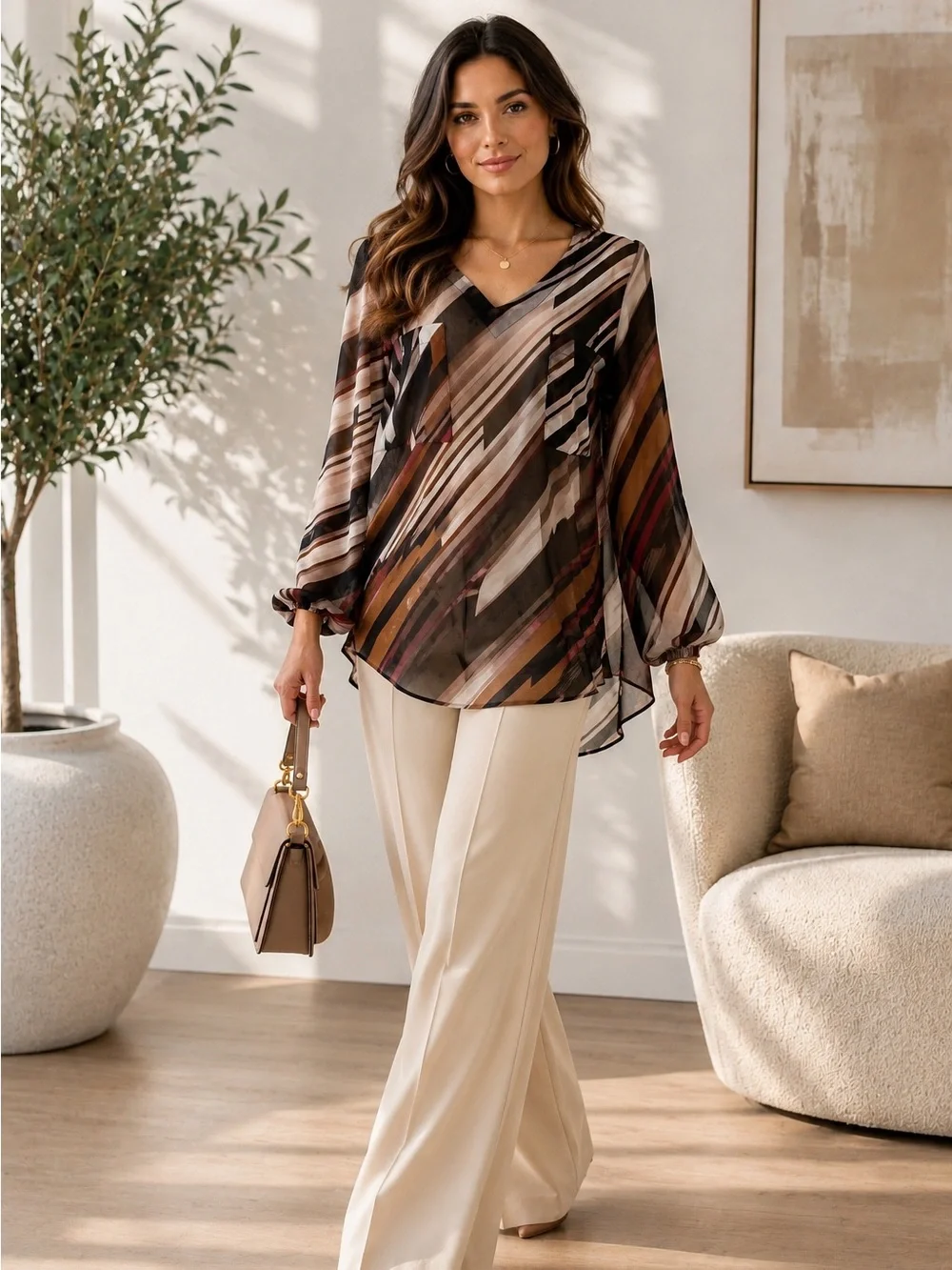 La Château Abstract Sheer Blouse Medium | Roll Tab Sleeve Career Chic Top - Picture 1 of 8